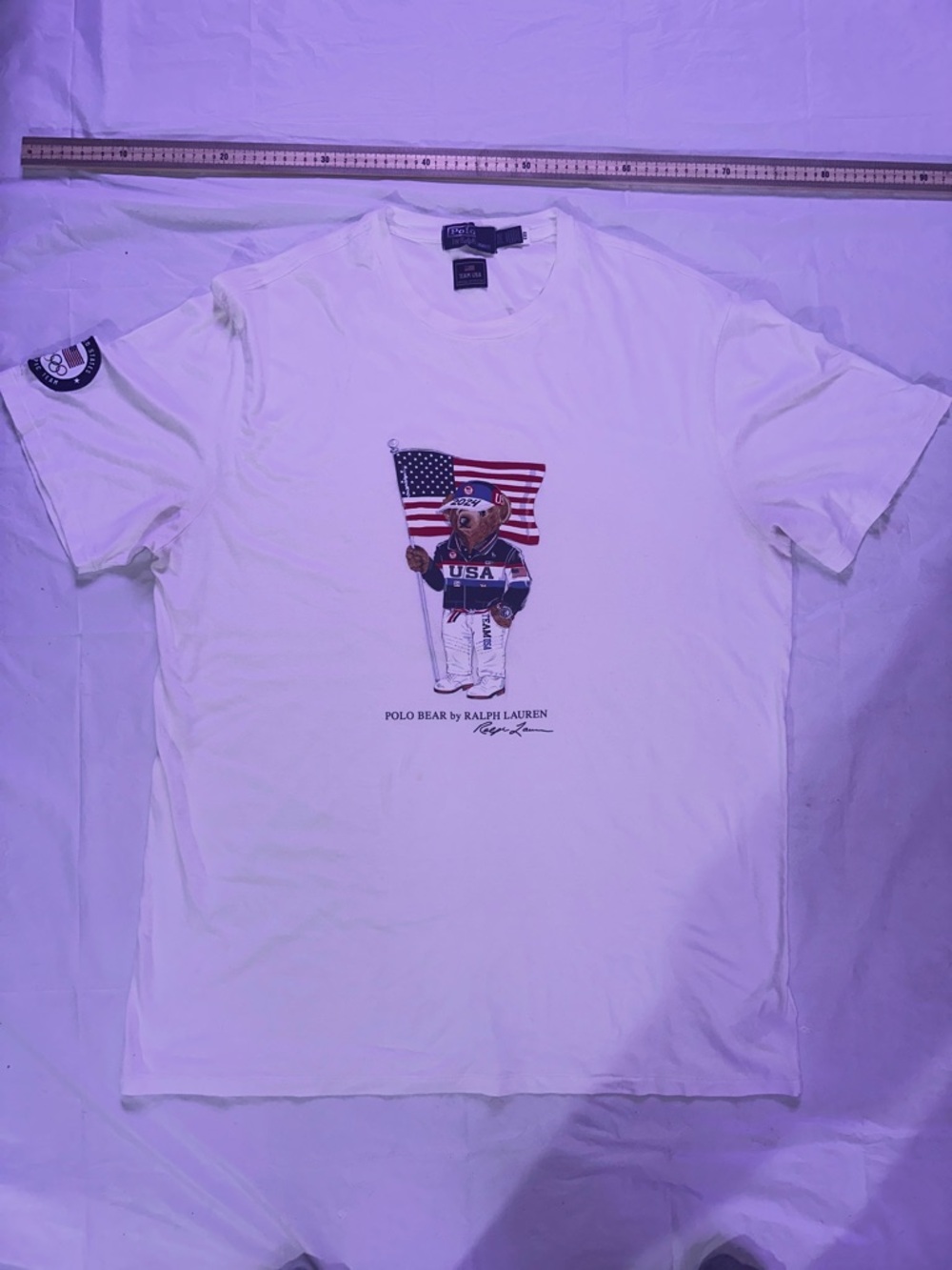 Ralph Lauren White Graphic Polo Bear USA Flag Short Sleeve Tee